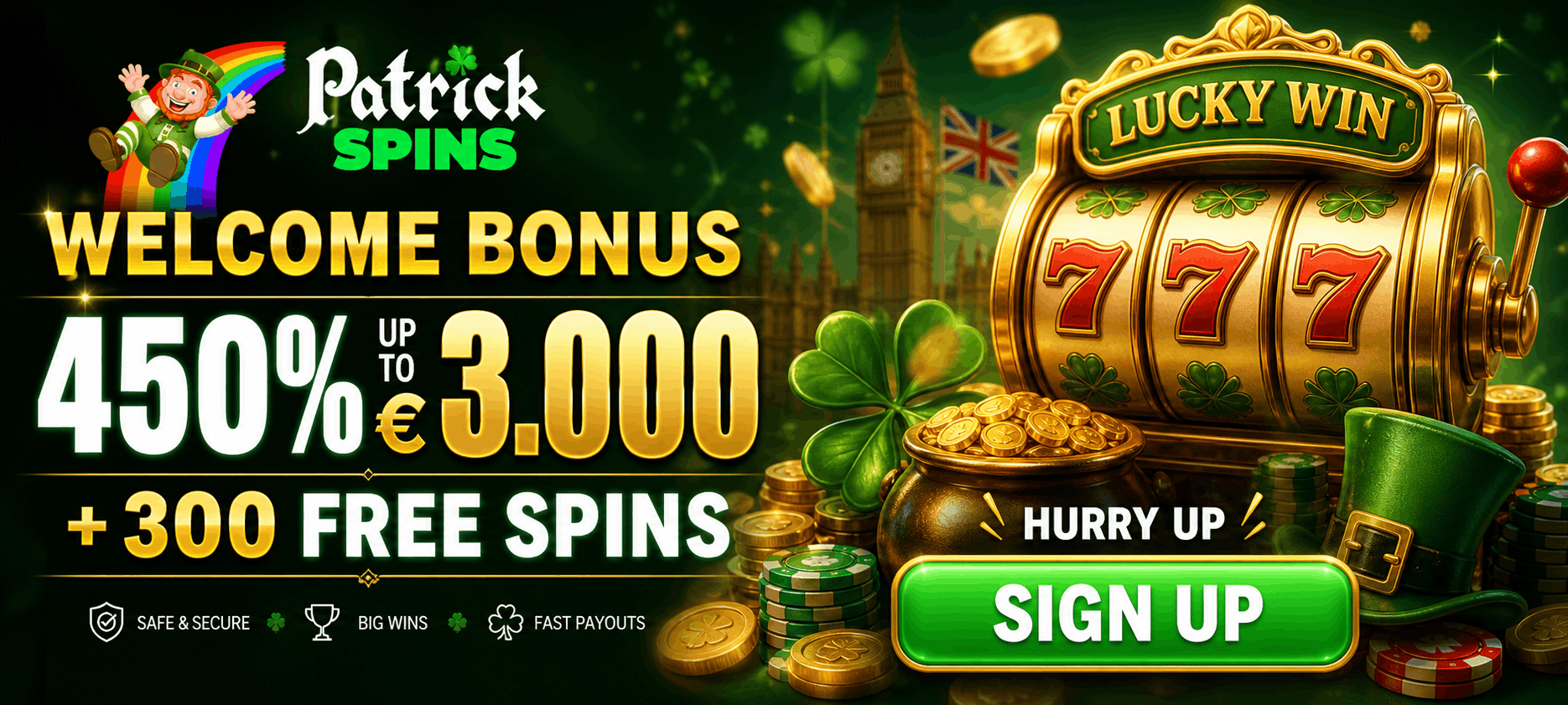 Patrick Spins Casino Welcome Bonus for UK Players